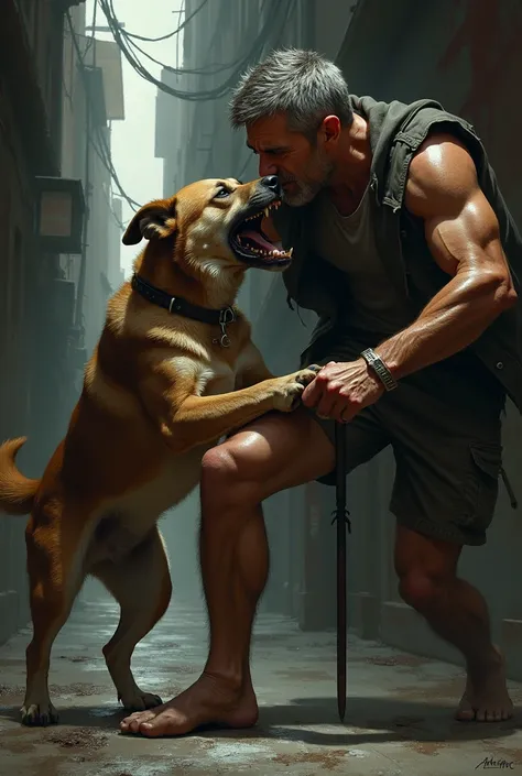 A scene of a dog biting a man&#39;s shin 