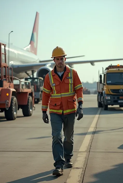 Create a worker who is working in the airport and so many gatherings with heavy big vehicles and one of the worker who doesn’t wear Ppe kit