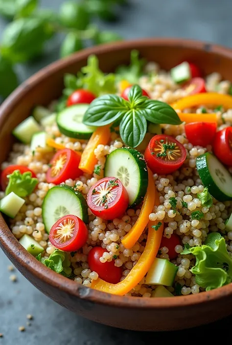 A quinoa salad bowl with fresh veggies.