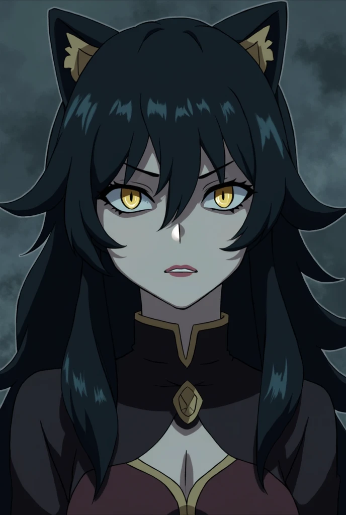 Full screenshot Kimetsu no yaiba,girl,pale skin,golden eyes,with the iris as a cat,pink lips,black eyeshadow,Demon Slayer Costume,anime kimetsu no yaiba,long wavy black hair,serious expression,dominant look,without cat ears,black eyeshadow,gloomy expressio...