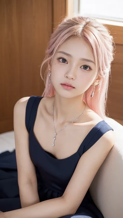 (((masterpiece))), ((photo realistic:1.55)), Japanese girl, fifteen years old, shiny eyes, ((broad jawline)),realistic skin, puffy face, no make up, low ponytail, ((Very light pink hair mixed with very light brown hair)), ((messy hair)), Frowning, tearful ...