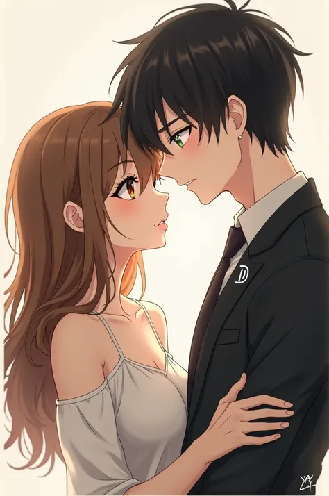 Anime man and woman, The woman with brown and blonde hair and pale skin, with light brown eyes. And the man with black hair, green and brown eyes, white skin. As a couple and the man with the initial D and the woman with the initial C