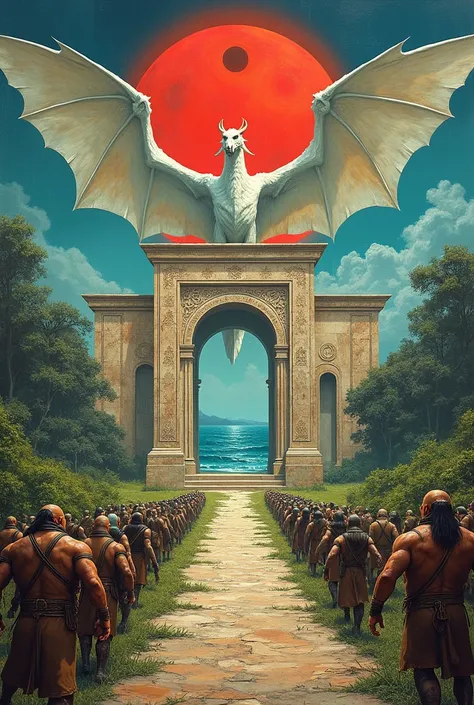 Let&#39;s make a Byzantine painting style scene. In the image there is a giant marble door centered in a green field near the sea.. The sun is red and its center is black. Heading towards the door is an army of angry orcs, and a white dragon flies over the...