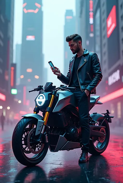 A futuristic futuristic world background with a man riding a motorbike leaning against a bike using a futuristic looking iPhone.