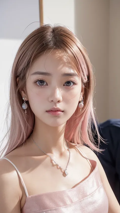 (((masterpiece))), ((photo realistic:1.55)), Japanese girl, fifteen years old, shiny eyes, ((broad jawline)),realistic skin, puffy face, no make up, low ponytail, ((Very light pink hair mixed with very light brown hair)), ((messy hair)), Frowning, tearful ...