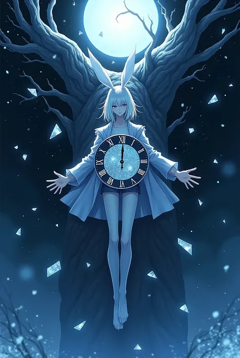 sharp lines, Blue, black and white are the main colors. , male anime 2D, 2, Snow white skin, White hair, white rabbit ears, short hair long bangs covering one eye the other eye is sky blue with glitter effect, dark space with blue color below and a full mo...