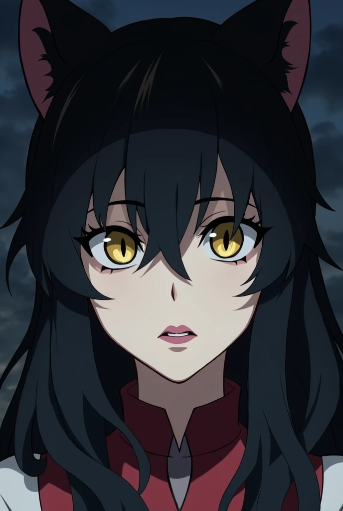 Full screenshot Kimetsu no yaiba,girl,pale skin,golden eyes,with the iris as a cat,pink lips,black eyeshadow,Demon Slayer Costume,anime kimetsu no yaiba,long wavy black hair,serious expression,dominant look,without cat ears,black eyeshadow,gloomy expressio...