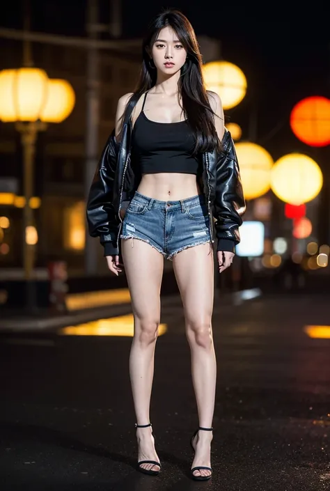 a very angry solo japanese woman, 30 years old, anatomically correct, high quality skin texture, tall, fit, extremely long hair, arms crossed, standing pose, black camisole, denim long skirt, high heel sandals, plain bomber jacket, (best quality,4k,8k,high...