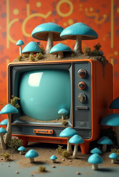 Old orange TV with blue mushrooms inside and in the background 70s wallpaper in red orange 