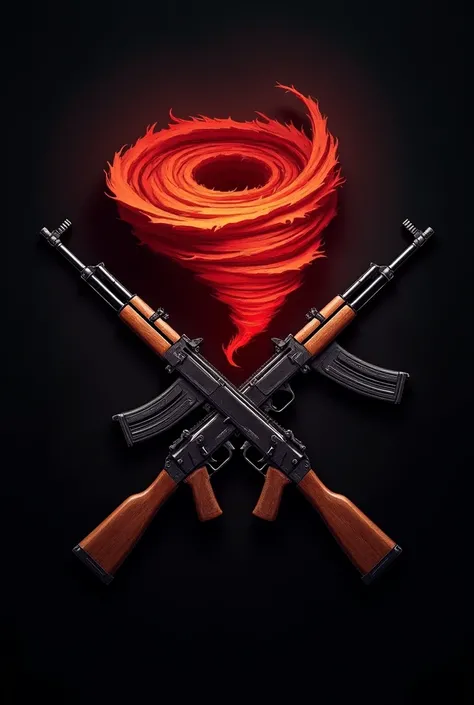 Red tornado style logo with two AK47s around it