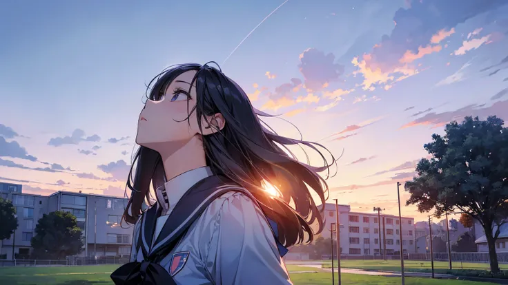 Perfect human body、(((Dawn sky)))、school ground、School building、She is wearing a high school uniform、(((look up sky)))、(Composition seen from a low position)、Beautiful scenery