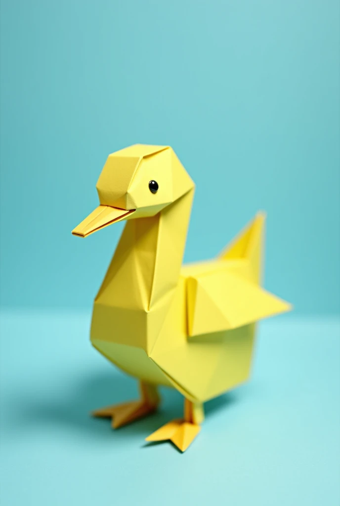 a card from a tcg game, This card contains a character that is a yellow origami duck on a blue background.
