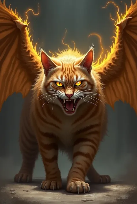 an angry tabby cat with golden wings 
