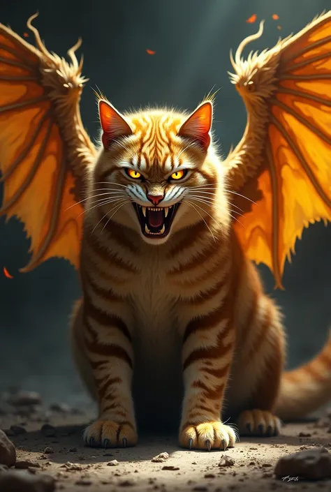 an angry tabby cat with golden wings 
