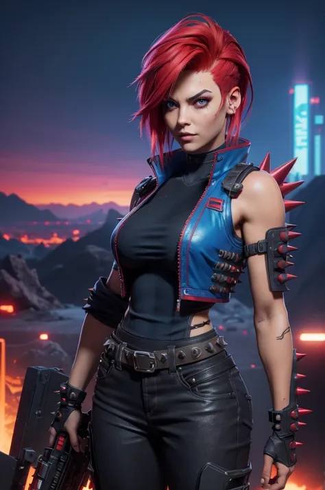 female with red spiky hair and blue top, metal cyberpunk Woman Mechanic, Xtreme, breasts, medium breasts, open blue vest, open clothes, dirt on her clothes and face, black costume, , dramatic lighting, realistic colors, highres, vivid colors, stunning neon...