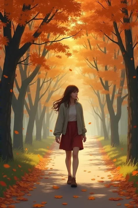 Anna walking alone on a tree-lined path, autumn leaves swirling around her, her expression reflective and distant.