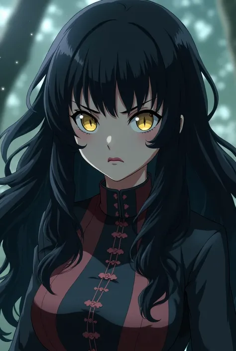 Full screenshot Kimetsu no yaiba,girl,pale skin,golden eyes,with the iris as a cat,pink lips,black eyeshadow,Demon Slayer Costume,anime kimetsu no yaiba,long wavy black hair,serious expression,dominant look,without cat ears,black eyeshadow,gloomy expressio...