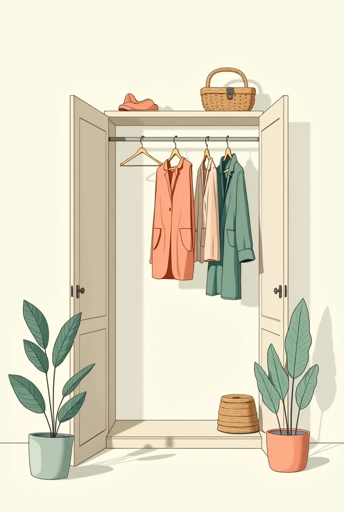 silhouette of an open closet, with some clothes hanging. You can include leaves or natural elements to highlight sustainability.. Linear drawing type IN COLOR
