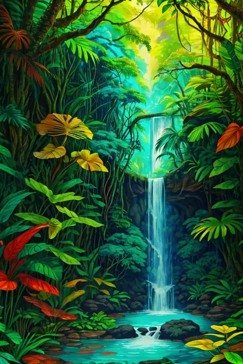 "A lush rainforest with towering trees, colorful tropical plants, and a small waterfall cascading into a clear pond. The vivid, vibrant colors make the scene feel alive and exotic."