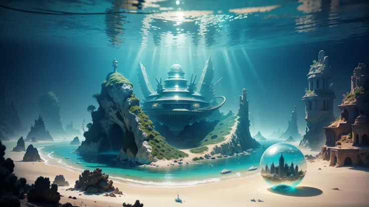 (an underwater city)，(Marine life)，Transparent fog，The hemispherical shape looks down from the sky，fanciful，Artistically。beach sand background