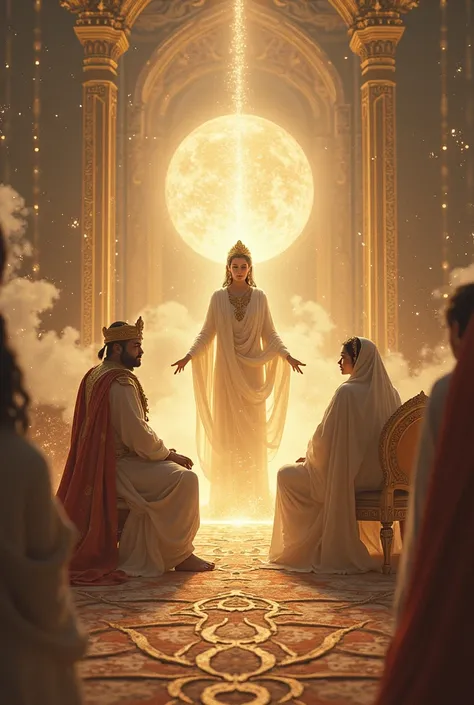 "A grand assembly in heaven where young King Mahabhisha is looking attentively at Goddess Ganga. Mahabhisha is seated on a golden throne, and Ganga stands in white robes with a divine aura"