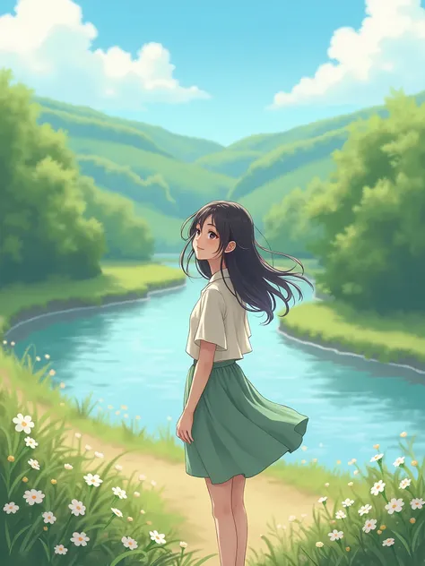 Girl outdoor skirt shirt river