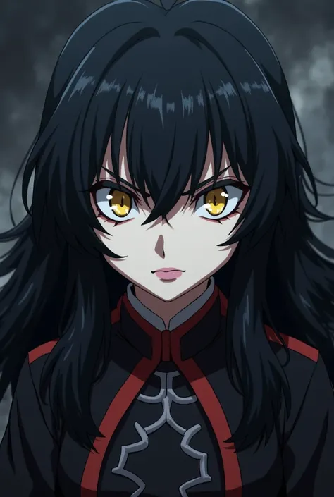 Full screenshot Kimetsu no yaiba,girl,pale skin,golden eyes,with elongated iris,pink lips,black eyeshadow,Demon Slayer Costume,anime kimetsu no yaiba,long wavy black hair,serious expression,dominant look,black eyeshadow,gloomy expression,human.