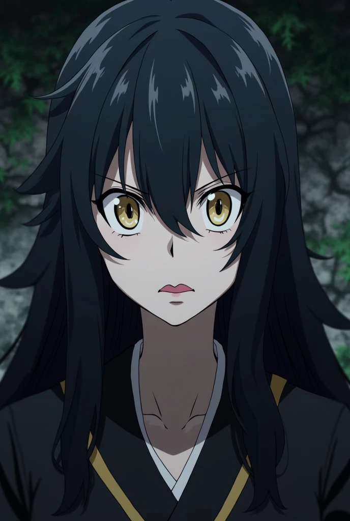 Full screenshot Kimetsu no yaiba,girl,pale skin,golden eyes,with elongated iris,pink lips,black eyeshadow,Demon Slayer Costume,anime kimetsu no yaiba,long wavy black hair,serious expression,dominant look,black eyeshadow,gloomy expression,human.