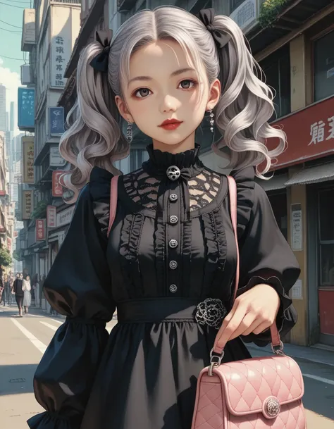 Gothic,extremely detailed,Detailed dress,Japanese,25 yo,tareme,red lips,silver hair,wavy hair,twintail,busty,long sleeves,frill,pink handbag,city