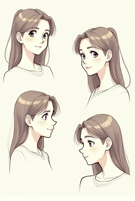 female face sketches with front and side, manga style drawing with disney, multiple face angles with the same expression and the same character on the same axis, Face angles completely frontal and in profile