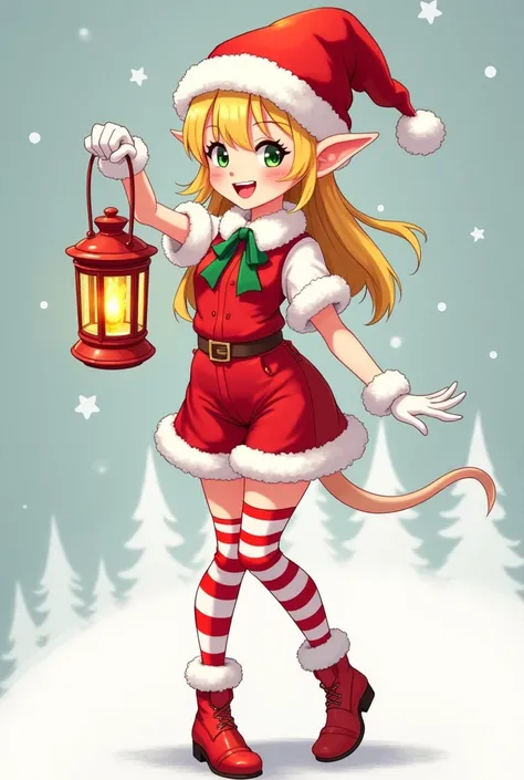 Christmas female elf dressed in red, little, with red pointy shoes, red vest, Red and white striped jumpsuit,  red and white striped socks, red strappy shorts, long red hat, cute face,  happy eyes, and open looking forward, guantes blancos  littles, Christ...