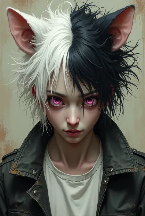 (digital painting:1.2), Man with pale complexion, half black and half white hair, shaggy hair, messy hair, rodent ears, pink eyes, wearing an old t-shirt and leather jacket. grunge, edgy, digital painting, graphic novel, painterly realism