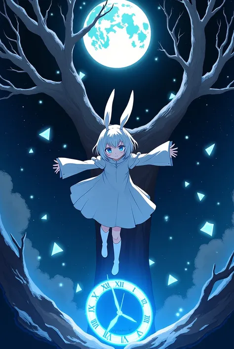 sharp lines, Blue, black and white are the main colors. , anime boy 2d, 2, Snow white skin, White hair, white rabbit ears, short hair, long bangs covering one eye the other eye sky blue with glitter effect, dark space with blue color below and a full moon ...