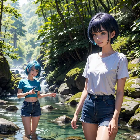 1 girl, Short hair, Look at the audience, smile, Blue Hair, Purple eyes, Side view, Beautiful slender legs dipped in water, Wear a thin t-shirt., shorts, Standing in the stream, The background is a forest., There are rocks.