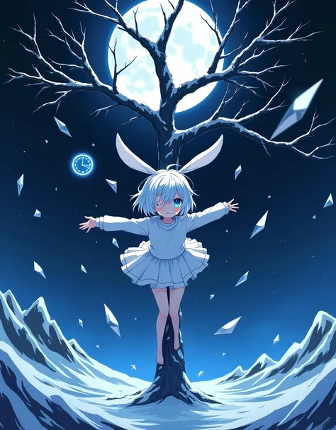 sharp lines, Blue, black and white are the main colors. , anime boy 2d, 2, Snow white skin, White hair, white rabbit ears, short hair, long bangs covering one eye the other eye sky blue with glitter effect, dark space with blue color below and a full moon ...