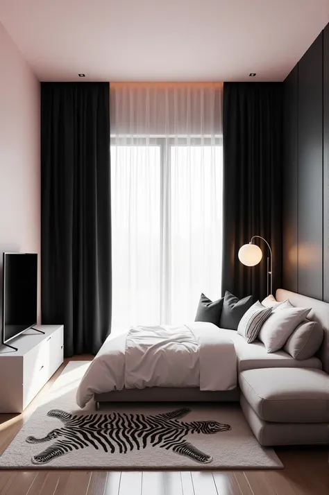 Generity a pictures Off A bedroom Having pink Wall, White bed infront of window, full covered black curtains, 50-inch television: Placed on a white TV cabinet, providing a modern and sleek look.
Zebra carpet: Adds a fun and playful touch to the room, with ...