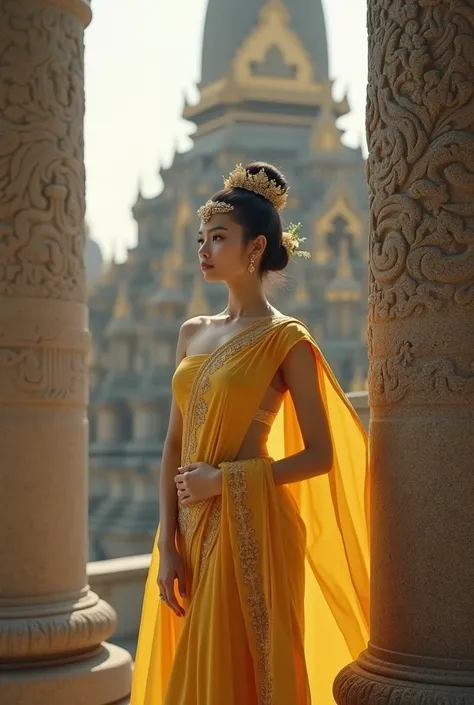 a portrait of a Thai woman wearing a traditional Thai dress. She is standing in front of a stone pillar with intricate carvings and a pagoda in the background. The woman is wearing a long, flowing yellow dress with intricate gold embroidery and a matching ...