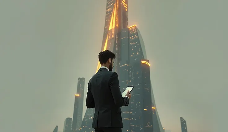 A futuristic futuristic world background with a man standing in front of a building and using an iPhone.