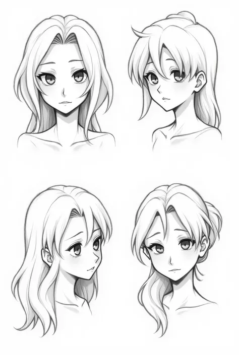 female face sketches, manga style drawing with disney, multiple face angles with the same expression and the same character on the same axis. front and profile face on the same axis. monochrome style