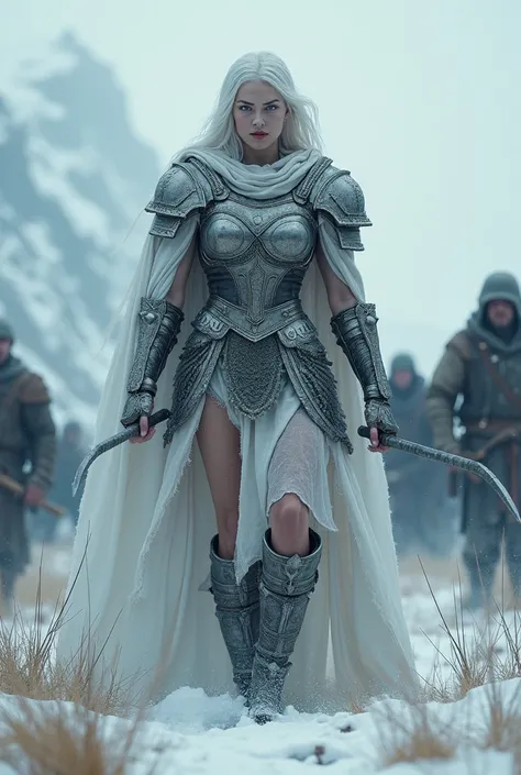 a sexy tall girl , fighting in Skandinavien in the age of Valhalla , white skin , she has covered her body completely except for her head and neck