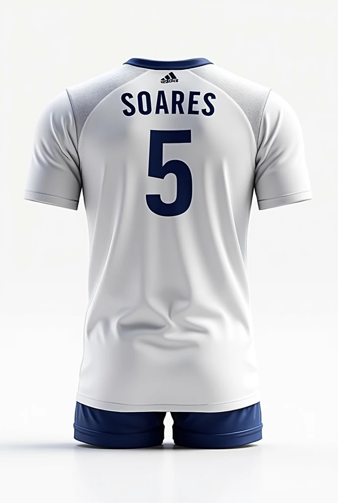 White volleyball uniform with dark blue details in the font, with the name Soares behind, with number 5, uniform front and back 
