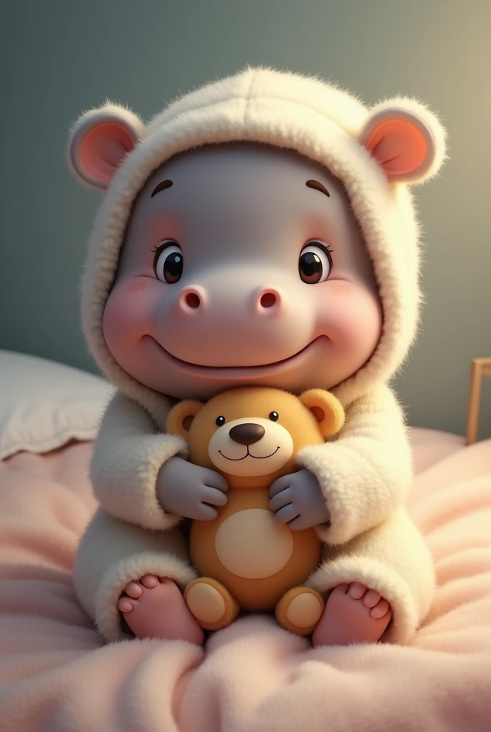 A cute, realistic-style baby hippo character dressed in cozy pajamas and a nightcap, holding a teddy bear. The hippo has big, expressive eyes and a sweet smile. The setting is simple and warm, creating a comforting bedtime atmosphere. The colors are soft a...