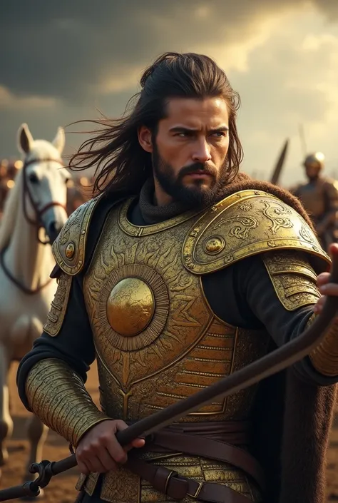 A Photo Realistic Young Man warrior in ancient armor. The layout is vertical, with the subject prominently centered. The warrior has long, flowing hair and a well-groomed Beard, with a focused expression on his face. and he wears ornate golden armor with i...