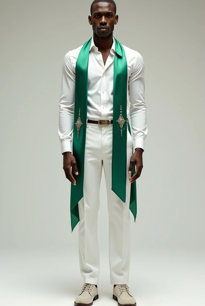  white long sleeve plane shirt and a emerald back and front sash with a white pants for men