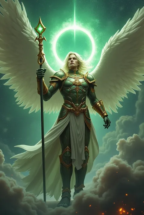 Male angel with armor, a scepter and a green halo with the cosmos in the background