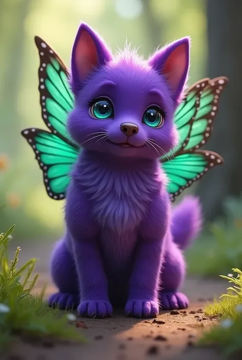  Can you help me create an image of a small purple dog with the wings of a butterfly with green eyes. Even though the dog is small, I want him to look strong and happy 
