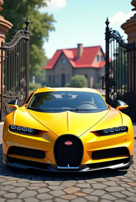 (photorealism:1.2) Bugatti DC , yellow colour gates and red roof of.