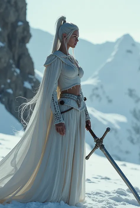 a sexy tall girl , fighting in Skandinavien in the age of Valhalla , white skin , she has covered her body completely except for her head and neck and belly 