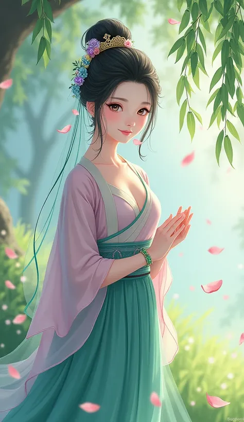 Asian traditional ancient style cute girl wearing pink and blue satin under the willow tree，Scattered flower mist and green grass pleated skirt，Wearing crystal blue thin veil，An empty gold hairpin is inserted diagonally on the head、Dotted with purple jade。...