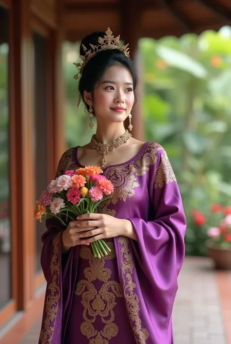 Beautiful young woman wearing a purple and gold silk Lanna Thai dress, wearing northern jewelry, standing in a Thai wooden pavilion, holding flowers, with a green garden, colorful flower garden, realistic 3D oil painting, 8K UHD resolution, wide view, full...